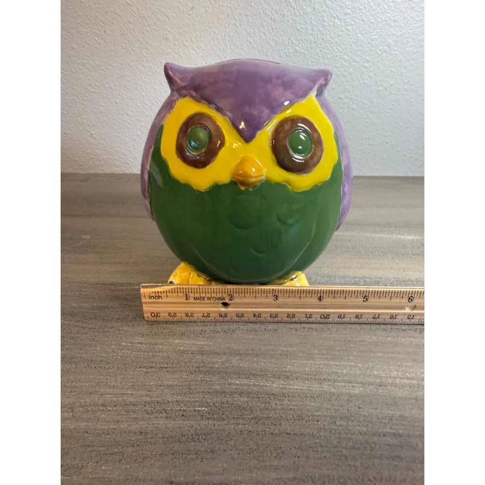 Vintage colorful, hand-painted ceramic owl piggy bank
